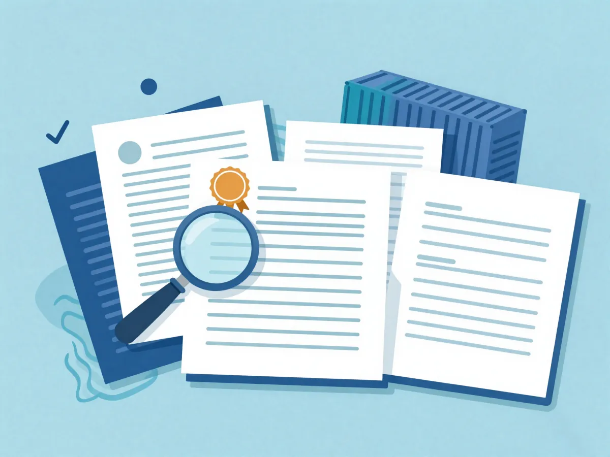 Documentos aduaneiros sendo conferidos com lupa e selo de aprovação