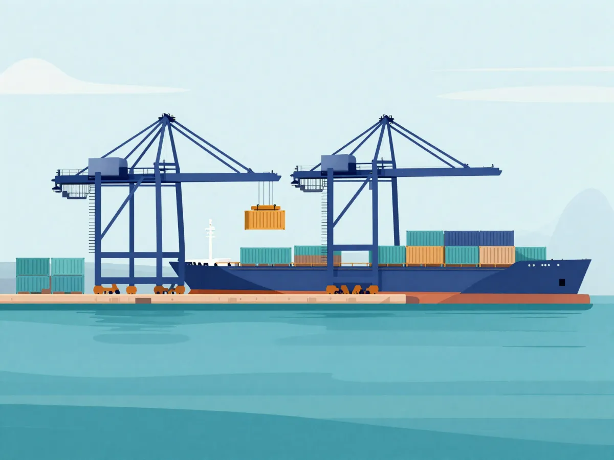 Porto de destino com guindastes descarregando navio porta-contêineres